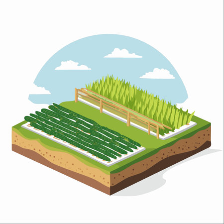 This isometric illustration showcases a cross-section of fertile land, meticulously organized for agriculture.のイラスト素材