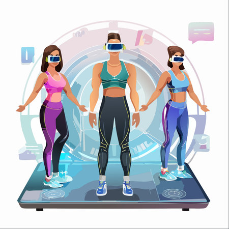 A group of friends connects in the metaverse for a shared fitness experience.のイラスト素材
