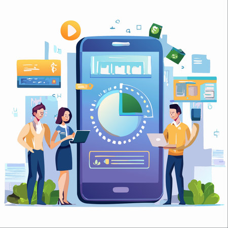 A dedicated team of professionals collaborates around a large smartphone interface, analyzing complex data visualizations and financial charts.のイラスト素材