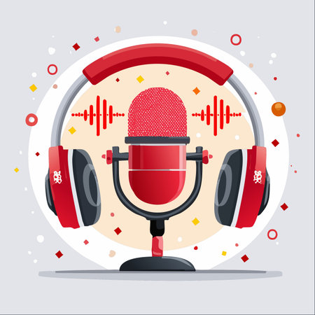 A vibrant red microphone stands ready to capture clear sound, while stylish headphones are poised for monitoring.のイラスト素材