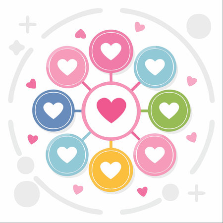A central heart branches out to connect with a diverse community of other hearts.のイラスト素材