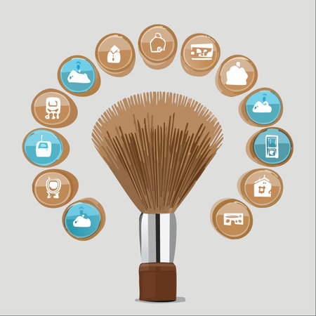 A conceptual illustration of a large makeup brush surrounded by icons representing various aspects of life, such as home, technology, and personal items.のイラスト素材