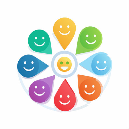 A central hub of positive emotion connects a diverse network of happy individuals or customers.のイラスト素材