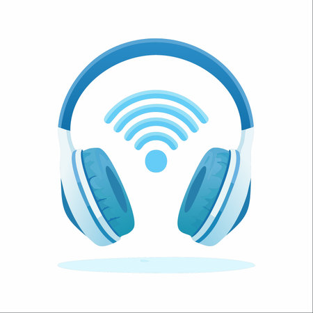 A sleek pair of blue wireless headphones floats against a clean white background, with a Wi-Fi symbol pulsating between the earcups.のイラスト素材