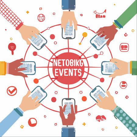 A diverse group of individuals uses a mobile application to connect and engage during a networking event.のイラスト素材