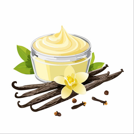A beautifully rendered illustration of a glass jar filled with rich, creamy vanilla custard.のイラスト素材
