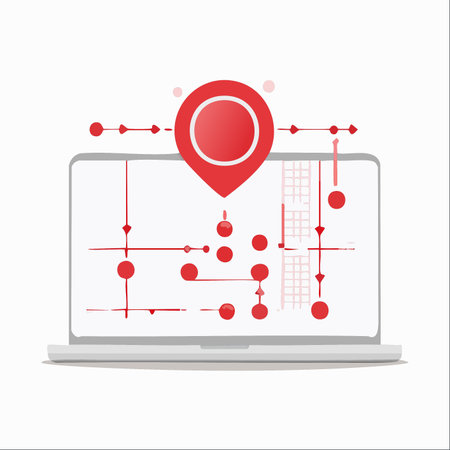 A modern laptop displays a digital map with a prominent red location pin, illustrating a complex route.のイラスト素材
