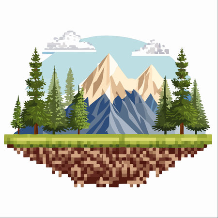 A vibrant illustration of a floating island, where a lush pine forest and majestic mountains rest upon a pixelated, 8-bit style block of earth.のイラスト素材
