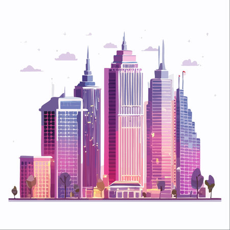 As twilight descends, a modern metropolis comes alive with a vibrant glow.のイラスト素材