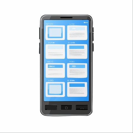 A sleek, modern smartphone isolated on a white background, showcasing a vibrant user interface with multiple apps or browser tabs open.のイラスト素材