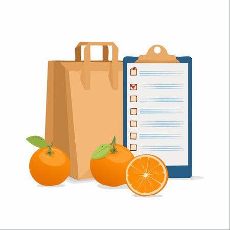 A concept illustration of mindful and healthy grocery shopping. A paper bag stands ready next to a clipboard with a checklist, accompanied by fresh, vibrant oranges.のイラスト素材