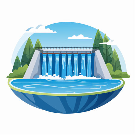 A powerful hydroelectric dam stands as a testament to sustainable engineering, harnessing the immense force of water to generate clean, renewable electricity.のイラスト素材