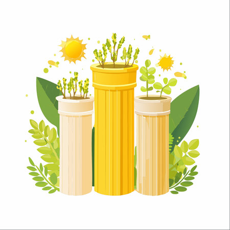 A whimsical illustration depicting the cycle of life and food innovation. Young green sprouts emerge from bundles of uncooked pasta, basking in the warmth of a stylized sun.のイラスト素材