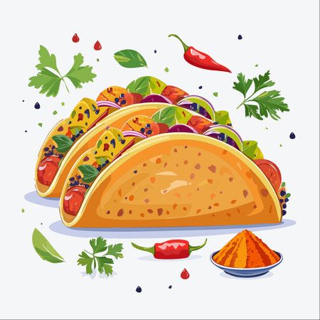 A vibrant and appetizing illustration of classic Mexican tacos, bursting with fresh ingredients like tomatoes, onions, and cilantro.のイラスト素材