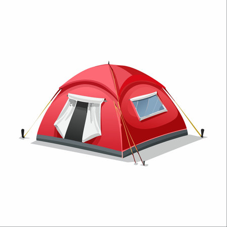 A bright red dome tent stands ready for an outdoor adventure.のイラスト素材