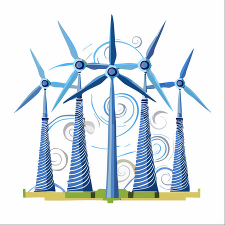 A stylized vector illustration of a wind farm, with turbines actively harnessing the power of the wind.のイラスト素材