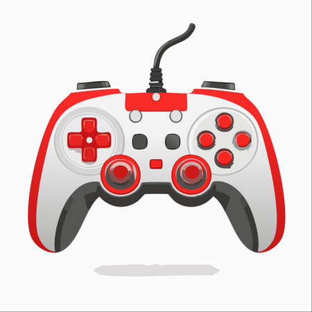 A vibrant red and white wired gamepad stands ready for action, isolated on a clean white background.のイラスト素材