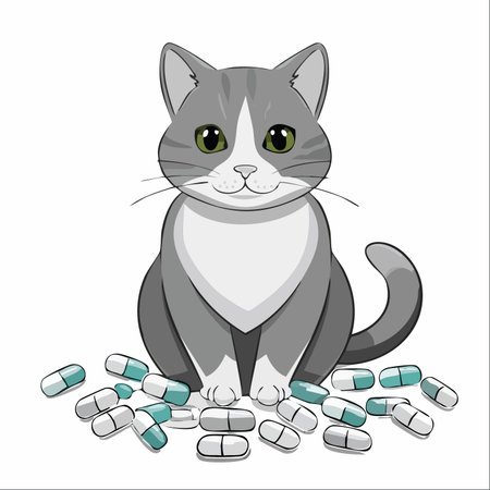 A calm gray cat sits patiently with its prescribed medication, illustrating the concept of veterinary care and animal health.のイラスト素材