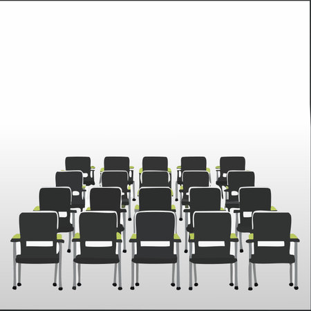 Rows of neatly arranged chairs wait for an audience. The empty seats create a sense of anticipation for an upcoming presentation, seminar, or corporate event.のイラスト素材