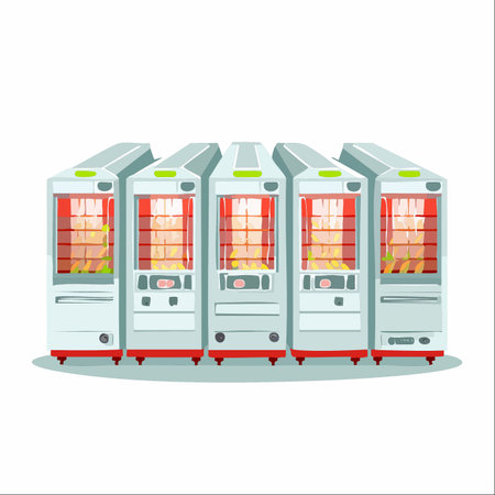 A line of sleek, modern vending machines stands ready, offering a glimpse into the future of automated retail.のイラスト素材