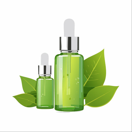 A set of two green glass dropper bottles, filled with a revitalizing plant-based serum, rests among fresh leaves.のイラスト素材