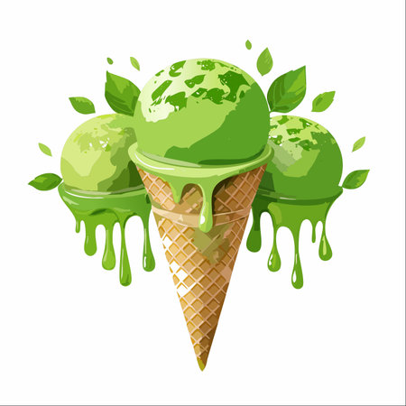 A delicious illustration of vibrant green tea matcha ice cream beginning to melt in a crispy waffle cone.のイラスト素材