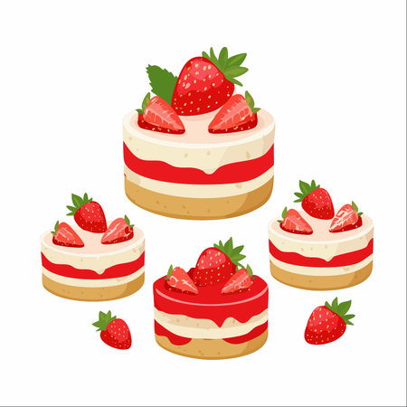 A delightful collection of beautifully illustrated strawberry shortcakes, perfect for any celebration.のイラスト素材
