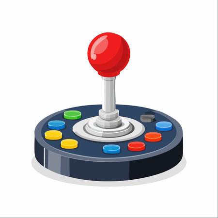 A detailed illustration of a classic arcade joystick with a bright red ball top and colorful buttons, isolated on a white background.のイラスト素材