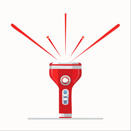 A powerful red flashlight stands ready, its bright beams cutting through the darkness. This vector illustration represents concepts of safety, exploration, and guidance in an emergency or adventure.のイラスト素材