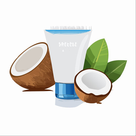 A presentation of a natural cosmetic product, featuring a blank tube perfect for branding, surrounded by fresh coconuts and green leaves.のイラスト素材