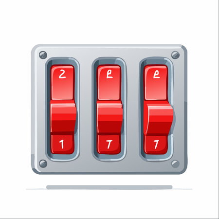 A detailed cartoon illustration of a metallic control panel featuring three vibrant red toggle switches.のイラスト素材
