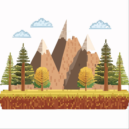 A classic 8-bit video game landscape unfolds, featuring majestic snow-capped mountains and a vibrant forest.のイラスト素材