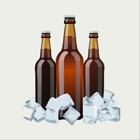 Three chilled beer bottles rest on a bed of crisp ice cubes, ready for a refreshing moment.のイラスト素材