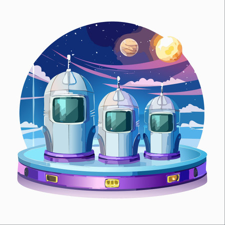 Three advanced astronaut helmets sit ready on a futuristic platform, awaiting their crew.のイラスト素材