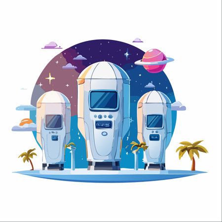 On a distant, undiscovered planet, a futuristic transport hub nestles on a serene tropical island.のイラスト素材