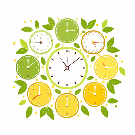 A vibrant collection of clocks is interspersed with fresh green leaves, evoking the idea of natural cycles, biological rhythms, and aligning schedules with a healthier, organic pace of life.のイラスト素材