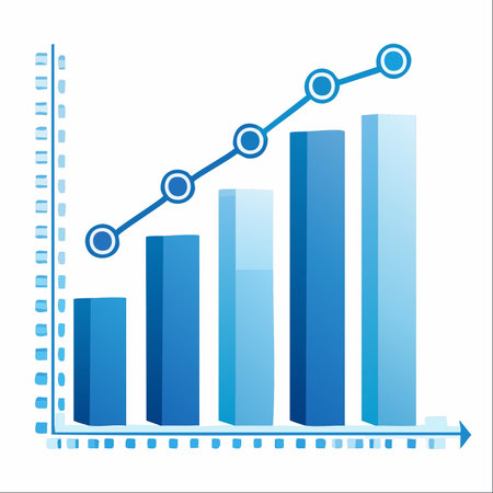 A dynamic blue bar chart illustrates a steady climb in performance, with a line graph marking key milestones of success.のイラスト素材