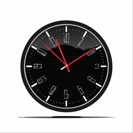 A sleek, modern black wall clock with vibrant red hands marks the passing moments.のイラスト素材