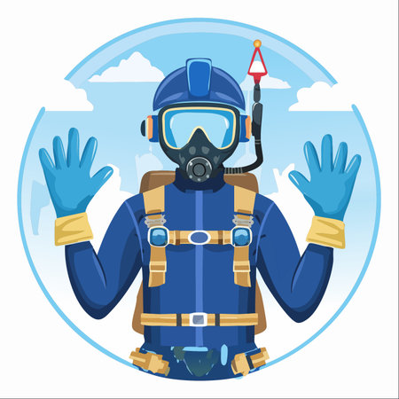 A detailed vector illustration of a professional scuba diver in full gear, including a helmet, mask, and wetsuit.のイラスト素材