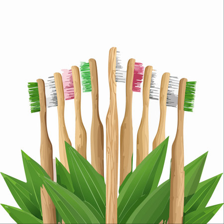 A collection of colorful, biodegradable bamboo toothbrushes emerges from fresh green leaves, symbolizing a commitment to sustainable living and natural oral hygiene.のイラスト素材