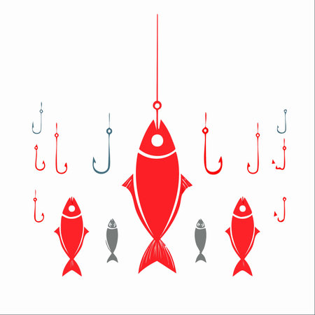 A large red fish is caught on a hook, symbolizing a significant achievement or capture.のイラスト素材