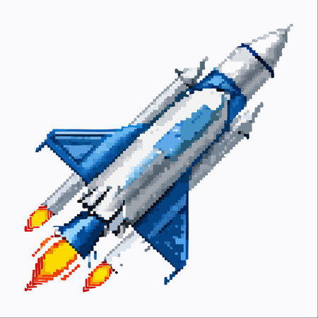 A classic 8-bit pixel art rocket ship blasts off on an interstellar journey.のイラスト素材