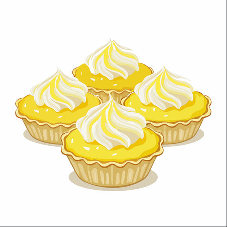 A delightful arrangement of four freshly baked lemon meringue tartlets, isolated on a white background.のイラスト素材