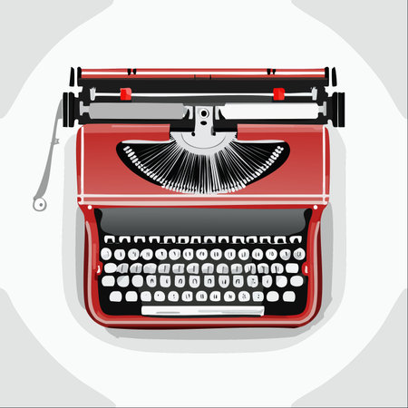 From a top-down perspective, a classic red typewriter sits ready for inspiration to strike.のイラスト素材