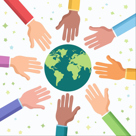 A vibrant illustration showcasing hands of various skin tones coming together in a circle around planet Earth.のイラスト素材