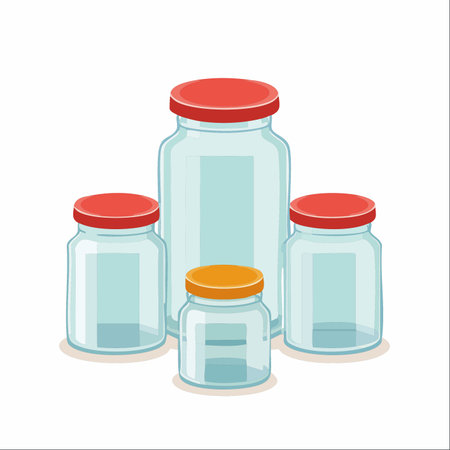 A collection of various-sized empty glass jars with colorful lids, neatly arranged and ready for preserving summer's bounty.のイラスト素材