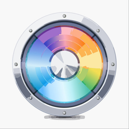 A futuristic device, perhaps a high-tech audio speaker or a data analysis tool, glowing with a vibrant spectrum of digital colors.のイラスト素材