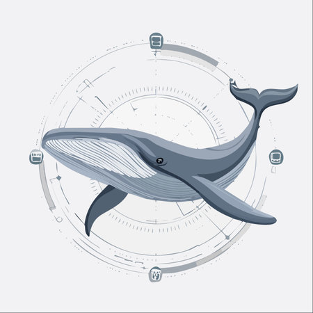 A stylized illustration of a majestic blue whale gracefully navigating through a futuristic digital interface.のイラスト素材