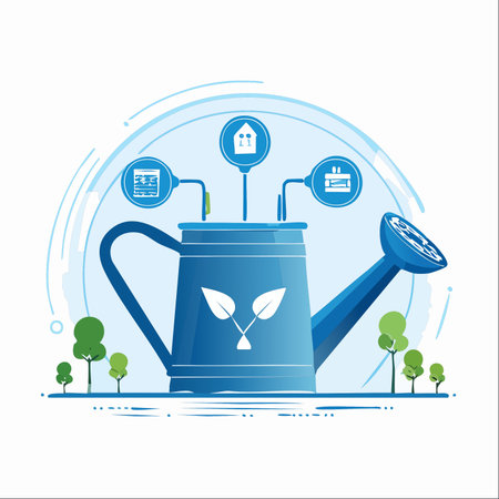 A conceptual illustration showing a watering can as a central hub for water distribution.のイラスト素材