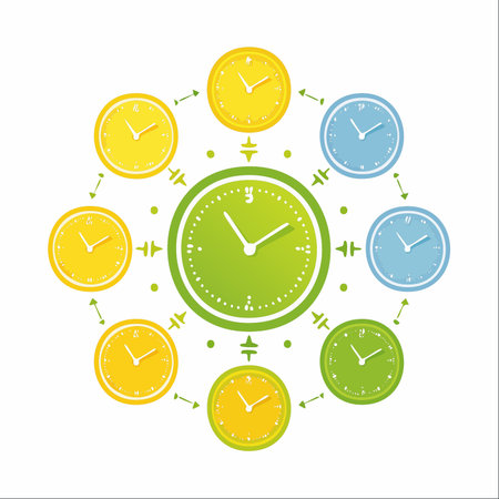 A central clock connects to a network of smaller clocks, creating a visual metaphor for global time zones, efficient scheduling, and interconnected tasks.のイラスト素材